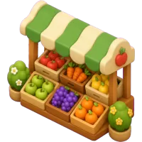 Produce stand with striped awning